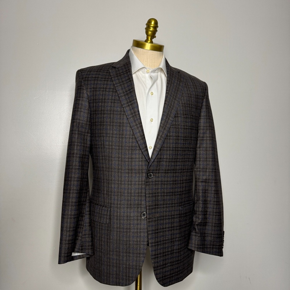 S. Cohen Sport Coat Mens 42R Brown Blue Plaid Super 100s Wool Blazer